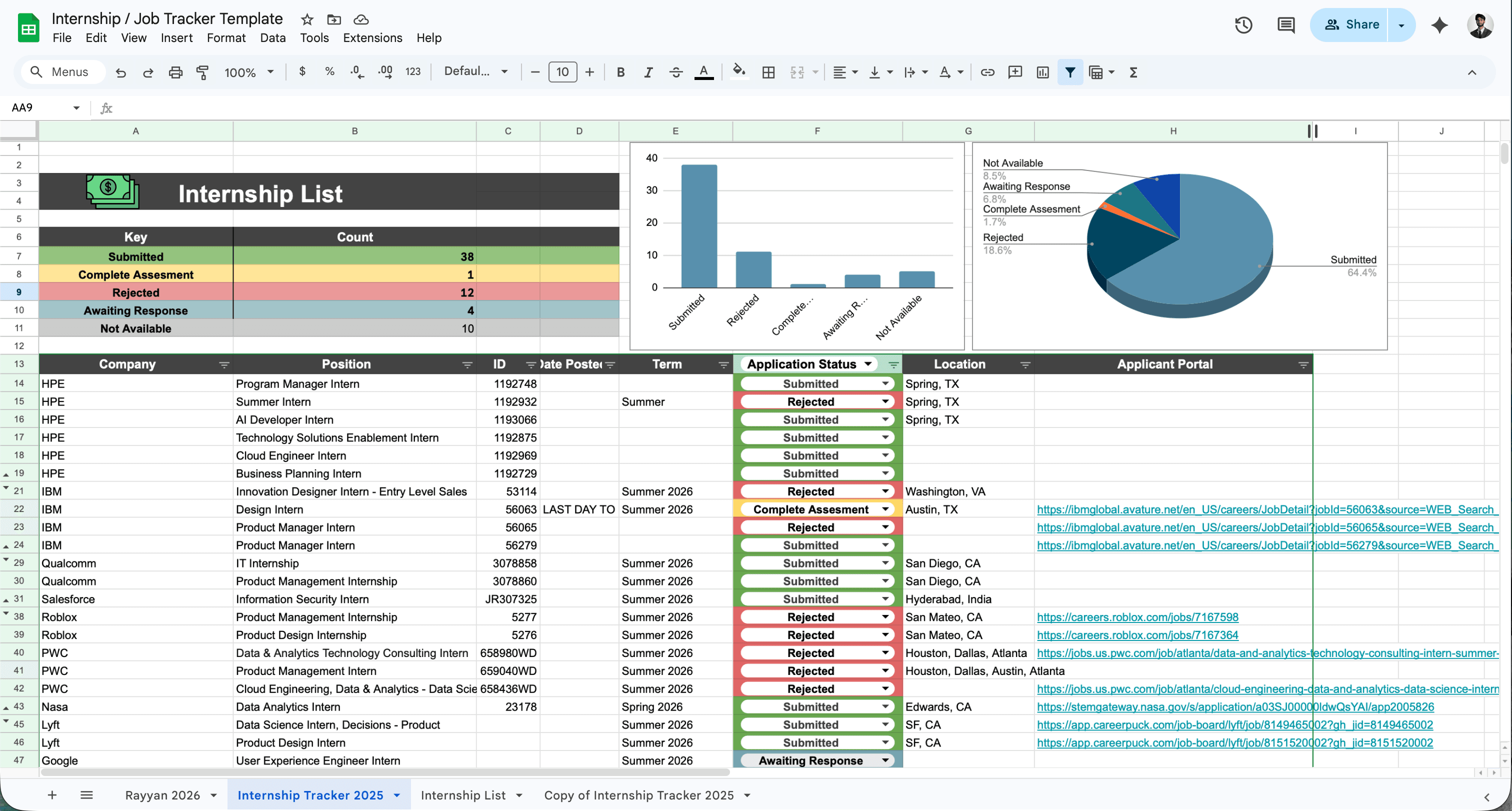 Google Sheets job application tracker